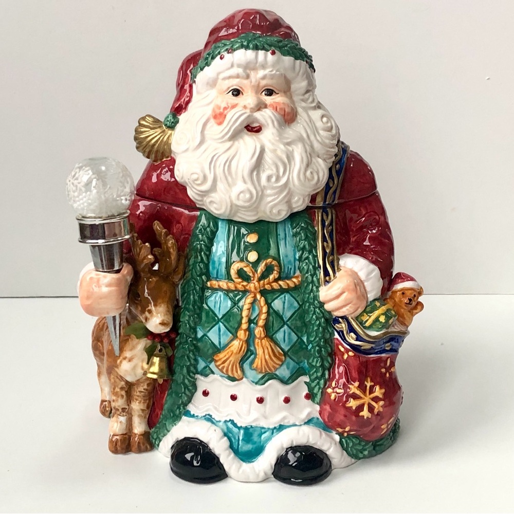 LARGE 10.5" CBK Vintage 2002 Santa Cookie Jar with Wine Stopper Snowflake Globe